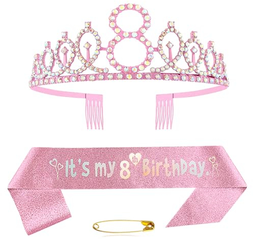 8ème anniversaire écharpe et diadème couronne en cristal rose couronne d'anniversaire ensemble couronne d'anniversaire rose écharpe décoration anniversaire couronne pour filles femmes anniversaire