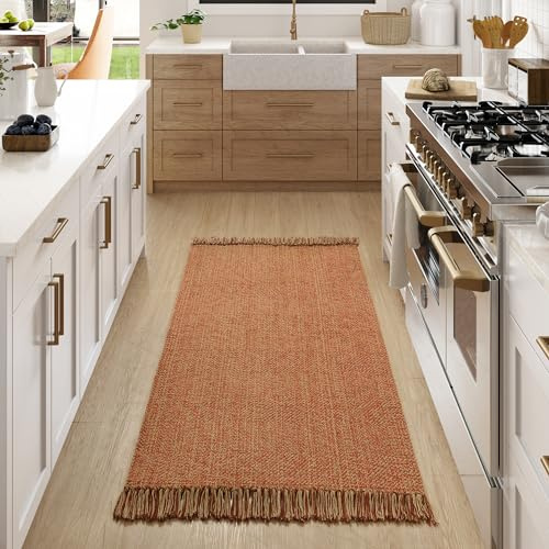 Collive Waschbarer Teppich, 90 x 150 cm, moderner gewebter Küchenteppich, Terrakotta-geflochtener Baumwollteppich, Türmatte, Überwurf, Teppich für Eingangsbereich, Wohnzimmer, Kinderzimmer, Waschküche