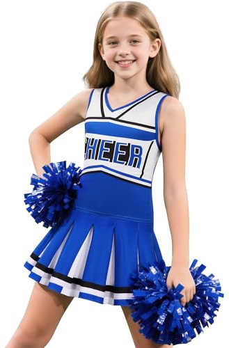 Gortykor Cheerleader Costume for Girls Cheerleading Outfit for Halloween Cheerleader Gifts 3-10 Years (Blue, 9-10 Years)