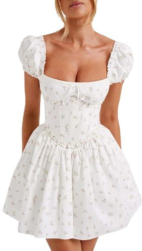 SANSIWU Women Off Shoulder Corset Mini Dress Casual Puff Short Sleeve Backless Ruched A-line Dress Boho Ruffle Beach Short Dress (White, M)