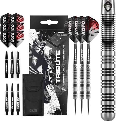 KOTO - Tribute Darts, 14 G, Argent & Noir, Fléchettes en Laiton, Ring-Grip