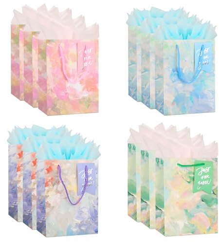 9 Gift Bags Medium Size with Tissue Paper, 12 Pack Colorful Wrap Paper Gift Bags with Handles for Shopping Parties Wedding Holiday Presents 4 Designs (Colorful)