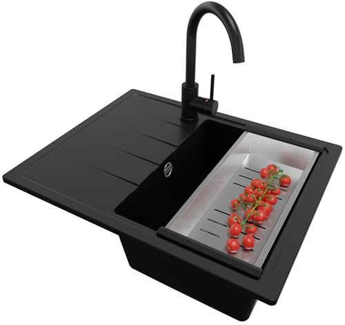 PRIMAGRAN Evier Cuisine en Granit Noir 62x50cm, Lavabo 1 bac + Robinet 32x20cm + Kit de Vidage, Évier à Encastrer al mueble 40cm - Milan