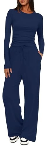Rayson Conjunto Deportivo Mujer Ancho Dos Piezas Casual Chandal Mujer Completo Manga Larga Conjunto Pantalon y Blusa con Bolsillo Elegante para Casa Fitness Jogging(Azul marino, S)