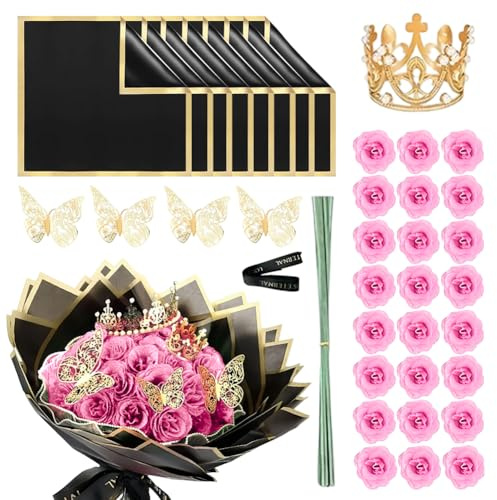 Ranjima Glitter rosbukett mamma 24 stycken konstgjorda rosor gör-det-själv röda rosor konstgjorda sidenblommor med krona, falska rosor bukett dekoration för bröllop födelsedag årsdag förlovning