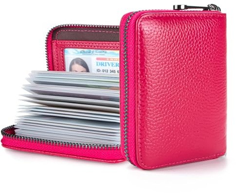 Suweibuke Genuine Leather Credit Card Holder Zipper Wallet RFID Blocking Secure Card Case ID Case Organizer (Rose Red)