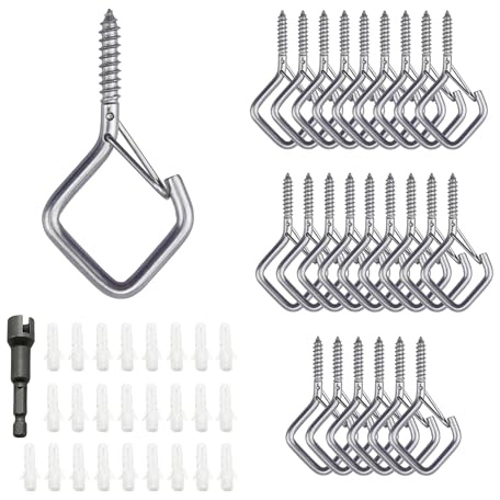 DIYHacks 25 Pcs Screw in Hooks with Safety Buckle, Mounted on Ceiling or Wall, Include 1 Wing Nut Driver