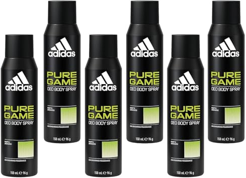 6 x adidas män Pure Game deodorant kroppsspray intensiv friskhet permanent skydd mot lukt och svett med 48 timmars skydd mot stark svettning och kroppslukt, 150 ml (6-pack)