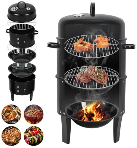 Peviasot 3-i-1 rökugn, rökgrill för rökning, grillning och matlagning, träkol rökt grill med termometer, lock och handtag, 2 nivåer Ø 40 × 80 cm, BBQ smoker för trädgård, balkong och camping