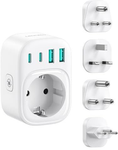 LENCENT Universal resekontakt adapter typ D, G, M, N | Internationell adapter med 4 utbytbara kontakter för England, Indien, Sri Lanka, Brasilien, Sydafrika, Hong Kong, Malaysia