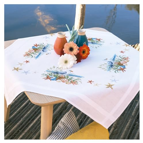 VERVACO Korsstygn broderiförpackningar bordsduk havsbris broderidukar förtecknat hantverk vuxna kreativt set förtryckt filt broderi 80 x 80 cm broderiset gör-det-själv broderiset