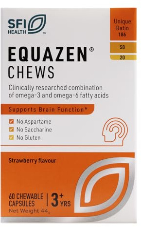 Equazen® Omega 3 & 6 Chews for Kids, Brain & Cognitive Support, DHA, EPA & GLA, Clinically Researched 9:3:1 Formula, Strawberry Flavour, Halal Certified, Age 3+, 60 Pack