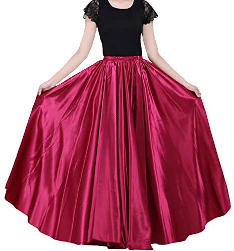 Damer 90 cm satin maxi midikjol lång klänning elastisk midja för magdans prinsessa fest cosplay kostym, mörkröd, one size