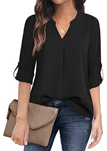 Timeson Black Blouses for Women,3/4 Sleeve Tunics Tops for Women Chiffon V Neck Dress Work Shirts Long Ladies Dressy Tops Office Wear Professional Attire Shell Blouse Business Casual Clothes