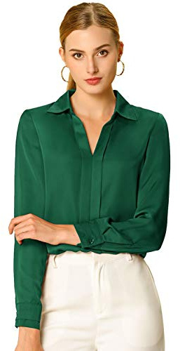 Allegra K Blusa de satén para Mujer, Elegante, Cuello en V, Manga Larga, Sedosa, para Oficina, Verde, M