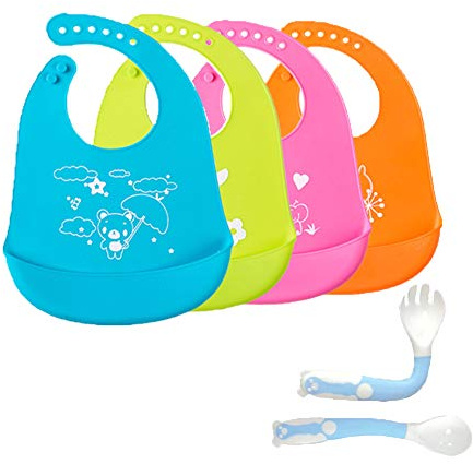 Waterproof Baby Silicone Bibs, Treer Pack of 4 Soft Adjustable Roll up Feeding Bibs Drool Bibs Wipe Clean with Food Catcher Pocket for Infants Toddlers (4 Packs,Colour)