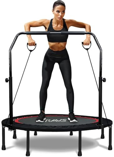 RAVS Mini Trampoline for Kids Adults 40/48 Foldable Fitness Rebounder Kids Trampoline with 5 Levels Height Adjustable Handle Resistance Bands Indoor Workout