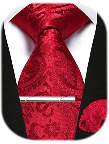Enlision Cravate Rouge Paisley et Mouchoir de Poche Avec Ensemble de Pinces à Cravate Cravates de Mariage Formelles Pour Hommes,Rouge