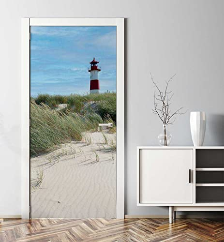 MyMaxxi - Tür bekleben mit Türtapete Türposter Türfolie Selbstklebend 90x200 Leuchtturm am Nordsee - Tür verschönern Türaufkleber Türklebefolie Strand Sonne weiß
