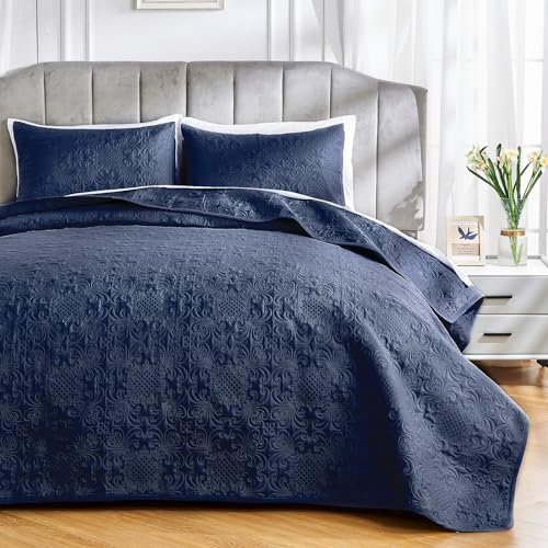 Qucover Queen-Size-Bettwäsche-Set, Queen-Size-Steppdecke, 3-teilig, Ultraschall, großes Blumenmuster, leichtes Tagesdecken-Set, Marineblau