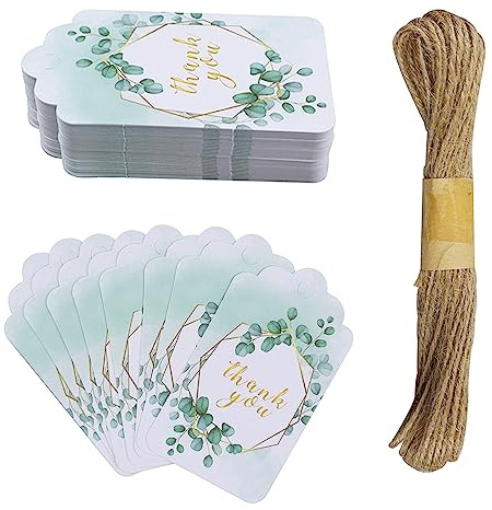 Gift Tags with String - 50 Pieces Paper Thank You Present Labels | for Decoration, Birthday, Wedding, Baby Shower, Graduation - 7 x 4cm Leaves Design