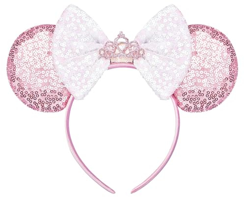 YUNISS Maus Ohren Haarreif, Pailletten Haarreifen mit Glitzer Schleife, Kostüm Prinzessin Party Zubehör für Mädchen und Damen (Rosa Krone)
