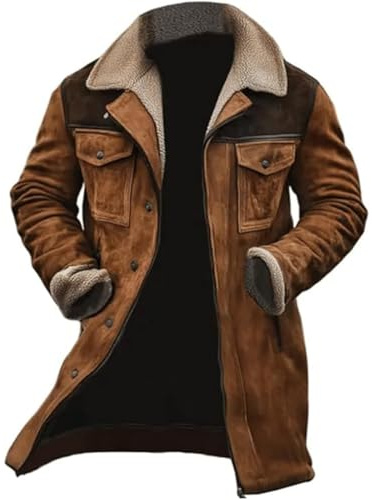 Gabardina larga para hombre, chaqueta de cuero con forro polar sherpa, abrigo acolchado cálido para invierno, gabardina marrón, gabardina clásica y elegante, abrigo largo grueso térmico para