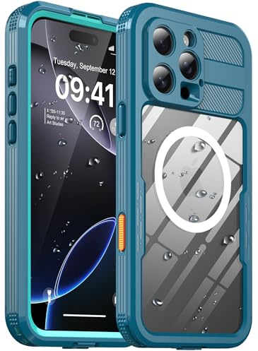 for iPhone 16 Pro Max Waterproof Case, with Built-in Screen Protector Dustproof Shockproof [Compatible with MagSafe] Full Body Underwater Protective Phone Cover for iPhone 16 Pro Max 6.9 (Lake Blue)