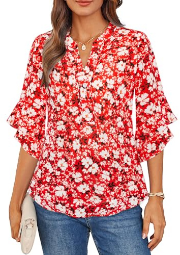 Donne Blusa Taglie Comode Leggera in Chiffon Motivo Floreale Camicia Festiva Moda Vacanza Top Estivi Blusa Donna Rosso XXL