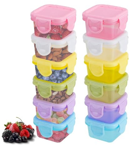 giteo bedding 12 Pcs Small Food Storage Containers, 60ML Airtight Stackable Plastic Jars with Lids, Leak-Proof Portable Snack Containers for Meal Prep, Yogurt, Nuts, Salad, Lunch (6 Colors)