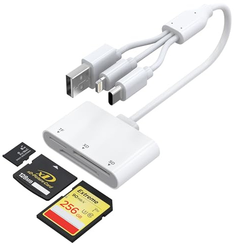 Lector de Tarjetas SD para iPhone - 3 en 1 (USB/USB-C/Lightning Lector Tarjetas SD para SD/MicroSD/XD, Adaptador Tarjeta SD para iPhone/iPad/PC/Android/iOS/Mac, Adaptador XD para Olympus/Fuji