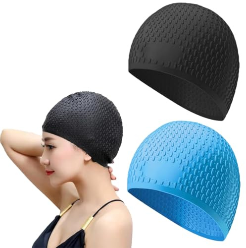 Swimming Cap,2 Pièces Bonnet de Bain en Silicone pour Cheveux Longs, Protection auditive, Revêtement Ripstop pour Le Confort et la résistance au Glissement, Bonnets de Bain pour Hommes et Femmes