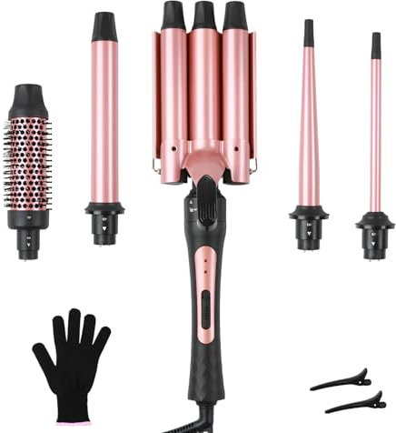 Großcat Lockenstäbe Set 5 in 1, Welleneisen mit Multifunktion Lockenbürste und 4 austauschbaren Lockenwickler Keramikbeschichtung (9-32mm), Doppelspannung 100-240V, Schwarzes Gold