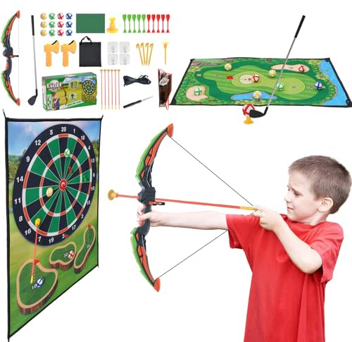 Arkyomi 2 en 1 Jeu de Mini-Golf Ensemble Arc et Flèche Jouet pour Enfants 3-12 Ans, Inclut 6 Flèches à Ventouse 12 Balles de Golf, Jeux Interactifs Famille Indoor/Outdoor, Garçons Filles
