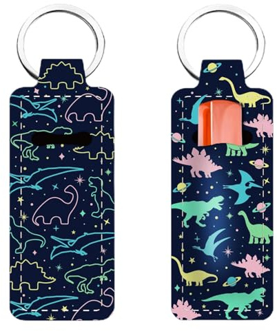 FREEBLOSS 2Pcs Chapstick Holder Keychain Lip Balm Holder Keychain Lightweight Lipstick Sleeve Pouch with Star&Dinosaurs Pattern for Women Girls 1.5x3.8''