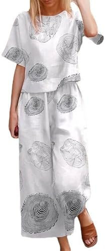 HOOUDO Women'S Linen And Cotton Suit Travel Airport Lounge Wear Set Ladies Summer Linen Sets Short Sleeve Round-Neck Tops & Loose Wide Leg Pants Co Ord Set Prime of Day