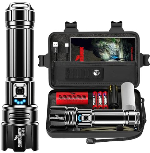 Shadowhawk Rechargeable Torch, 1000000 Lumen Torches LED Super Bright, 5000mAh Long Lasting, Adjustable Focus, IP67 Waterproof, 5 Modes, Powerful Handheld Flashlight for Power Cuts, Camping, Emergency