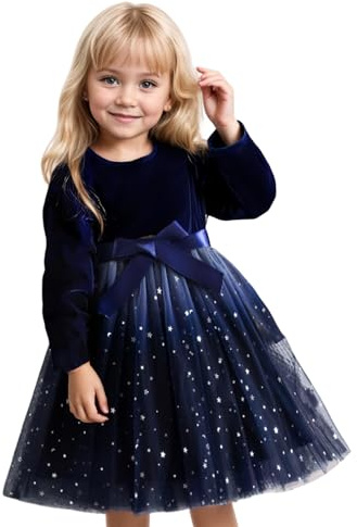 JiAmy Vestido de manga larga de terciopelo con lentejuelas y lentejuelas para niñas, para Navidad, cumpleaños, fiesta, princesa, otoño e invierno, ropa para niñas de 3 a 7 años, azul marino, 3 años