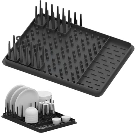 Alyxen Scolapiatti da Appoggio, Tappetino Scolapiatti con Portaposate Rimovibile e Beccuccio di Drenaggio, Tappetino Silicone Cucina Scolapiatt,Per Lavello per Piatti, Tazze, Pentole (Nero)
