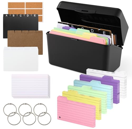Wozzies Kit De Boîtes à Fiches, Noir Boîte à Fiches Comprend 230 Fiches Lignées Colorées, 15 Registres, 6 Anneaux 6 Autocollants, pour Apprentissage notes Bureau Maison