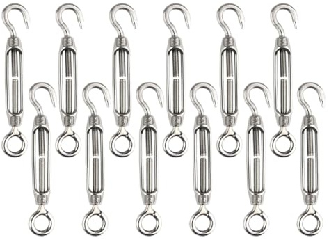 Anlising Tiranti per Filo Acciaio M4, 12PCS Tenditori in Acciaio Inossidabile, Tendifilo con Gancio e Occhiello, Tenditore Filo Stendibiancheria Regolabile, per Recinzion, Piantes, Tende da Sole