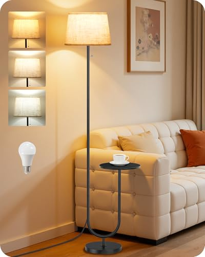 GOEBLESON Lámpara de Pie con Mesa Auxiliar, 3 Temperaturas de Color, Función de Memoria, Cabezal Ajustable, Pantalla de Lino, Interruptor de Cadena, Salón, Dormitorio,Oficina, Negro y Beige