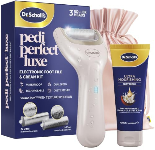 Dr. Scholl's Pedi Perfect Luxe - Lima Eléctrica para Pies con Crema Nutritiva, Kit Pedicura, Elimina Durezas, Pies Suaves, Impermeable, Recargable 90 Minutos, Incluye x3 Cabezales