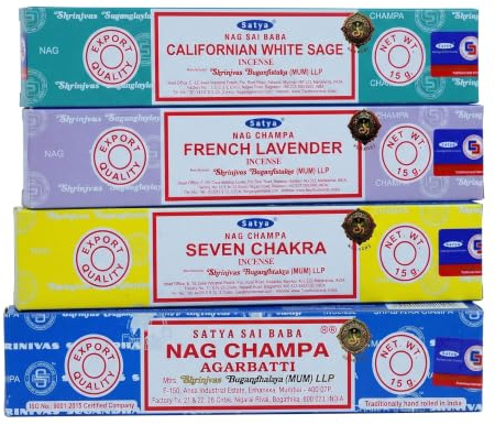 Satya Nag Champa Rökelsestickor 4-pack - Mixpaket: Original, White Sage, Lavender & Seven Chakra - 4 x 15g Rökelse för Meditation, Yoga och Avkoppling