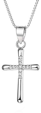 Belons Women Girls Necklace 925 Sterling Silver Cubic Zirconia Cross Pendant Necklace 18 Chain