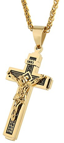 HZMAN Catholic Jesus Christ on INRI Cross Crucifix Gold Silver Tone stainless steel Pendant Necklace 22+2 Chain (Gold)