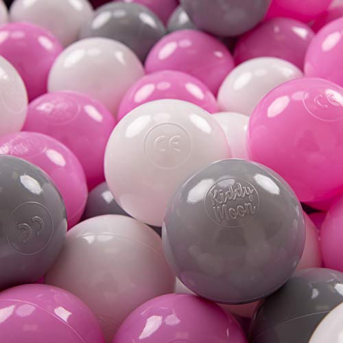 KiddyMoon 50 Ø 7 cm barnbollar lekbollar för bollbad baby plastbollar tillverkade i EU, grå/vit/rosa
