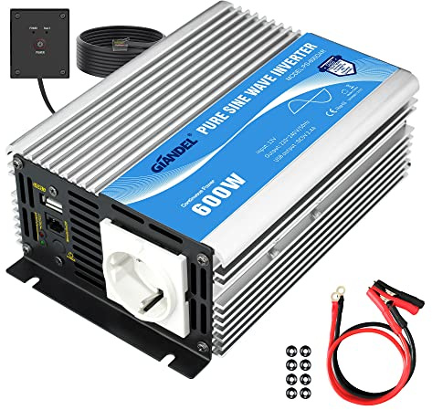 GIANDEL Power Inverter Onda Sinusoidale Pura 600W DC 12V a AC 220V 230V Invertitore di Potenza Convertitore con telecomando & porta USB per Camper,Auto