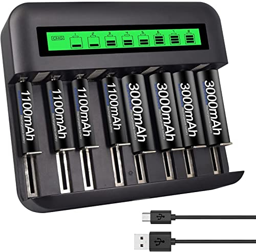 CITYORK LCD Universal Ladegerät für AA AAA C D Batterien, Typ C und Micro USB Eingang, Mischpackung mit 4 x 3000mAh AA und 4x 1100mAh AAA NI-MH Batterien
