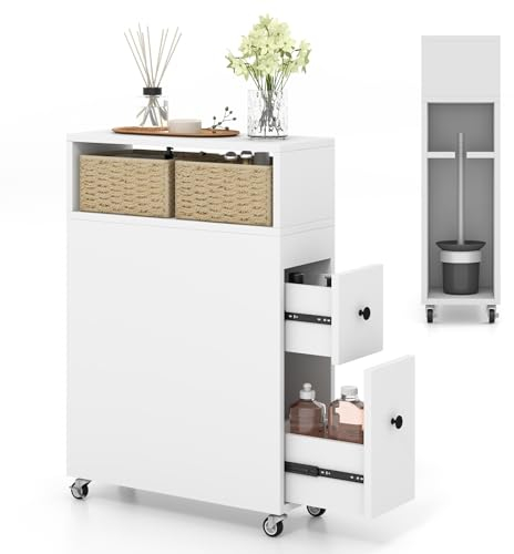 COSTWAY Nischenwagen mit Rollen, Schubladen, Weidenkörben und Bürstenhaltern, Badezimmerschrank schmal, Toilettenschrank freistehend, Nischenschrank für Bad, Küche, 50 x 19 x 72 cm (Weiß)